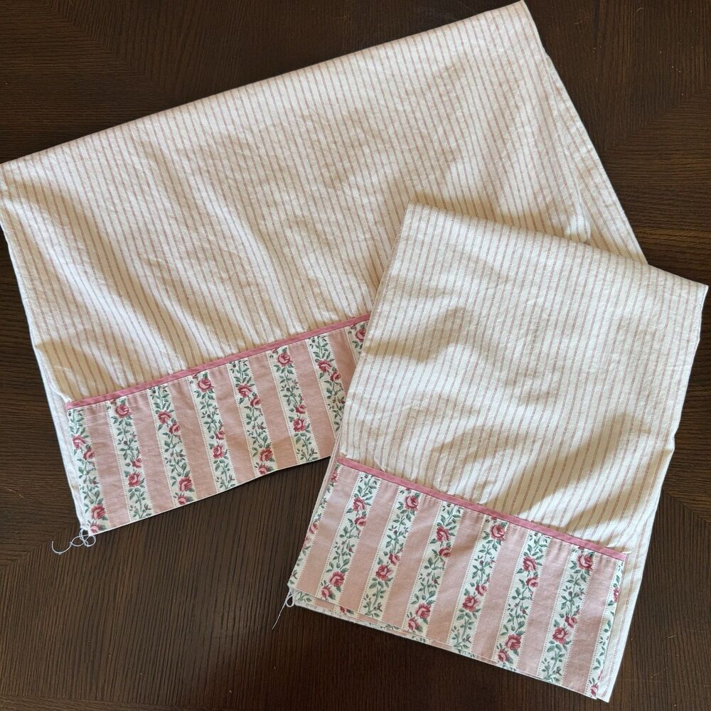 Vintage Laura Ashley Pink Rose Stripe (2) Pillowcases Cotton USA Cottagecore